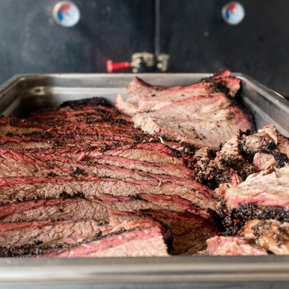 Tray filled with freshly sliced, smoky barbecue brisket showing pink centers and charred edges.