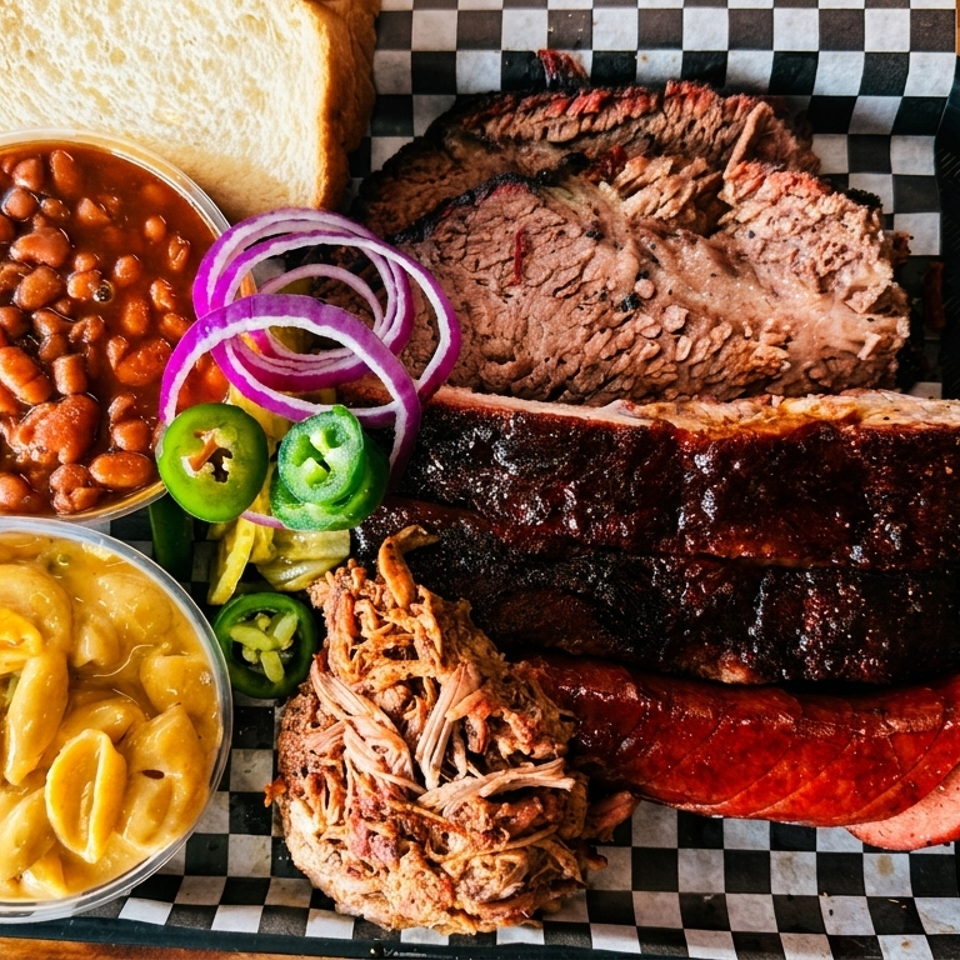 Barbecue platter with brisket, ribs, pulled pork, sausage, beans, macaroni and cheese, bread, onions, and jalapeños.