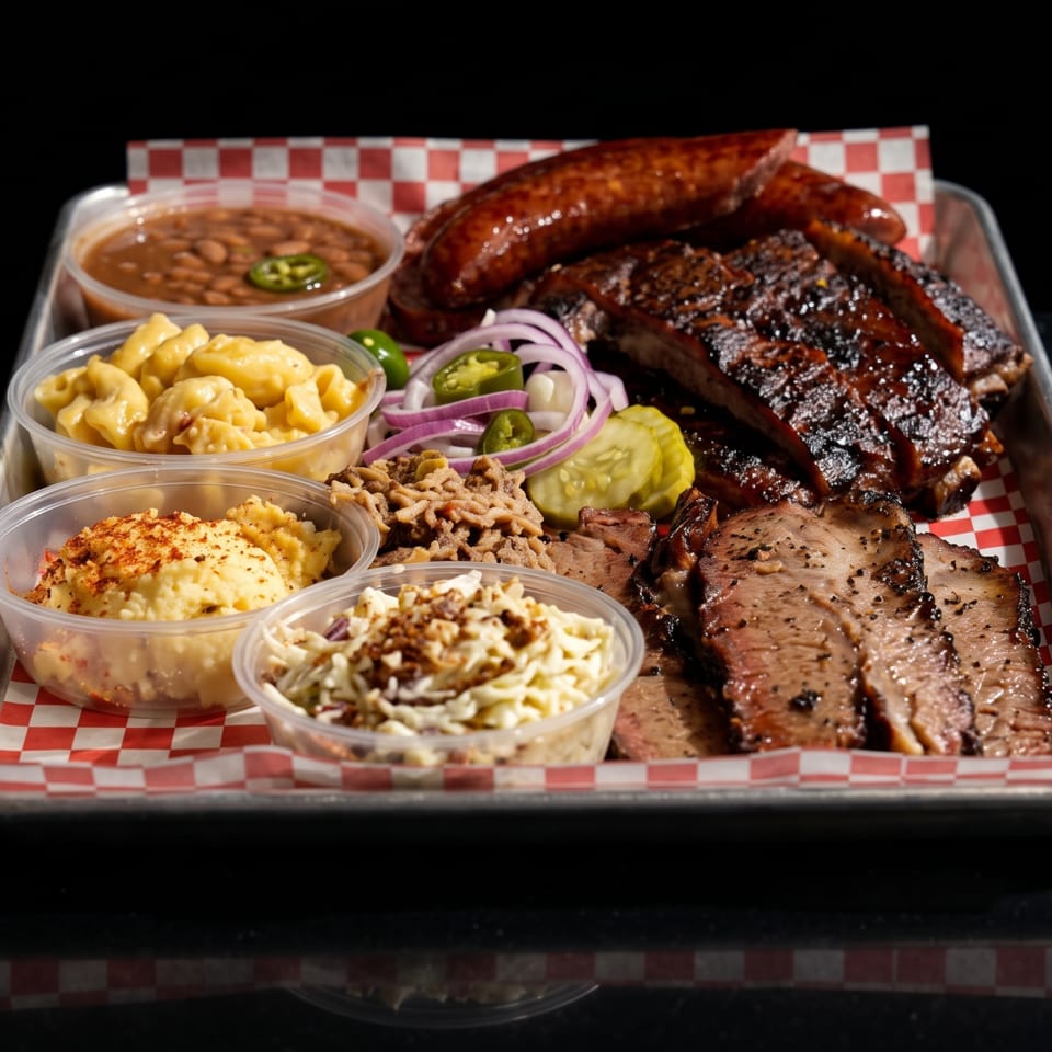 Barbecue platter with ribs, sausage, sliced brisket, beans, macaroni and cheese, potato salad, coleslaw, pickles, and jalapeños.