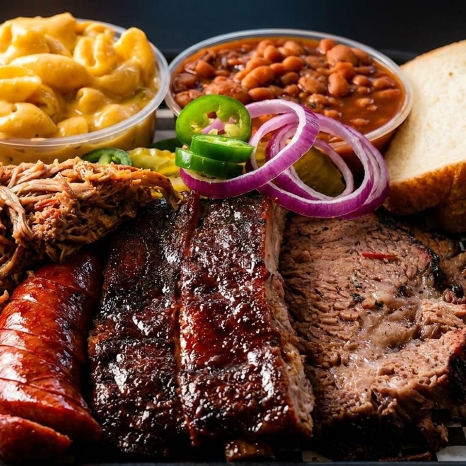 Barbecue platter with ribs, sliced brisket, sausage, pulled pork, macaroni and cheese, beans, pickles, onions, jalapeños, and bread.