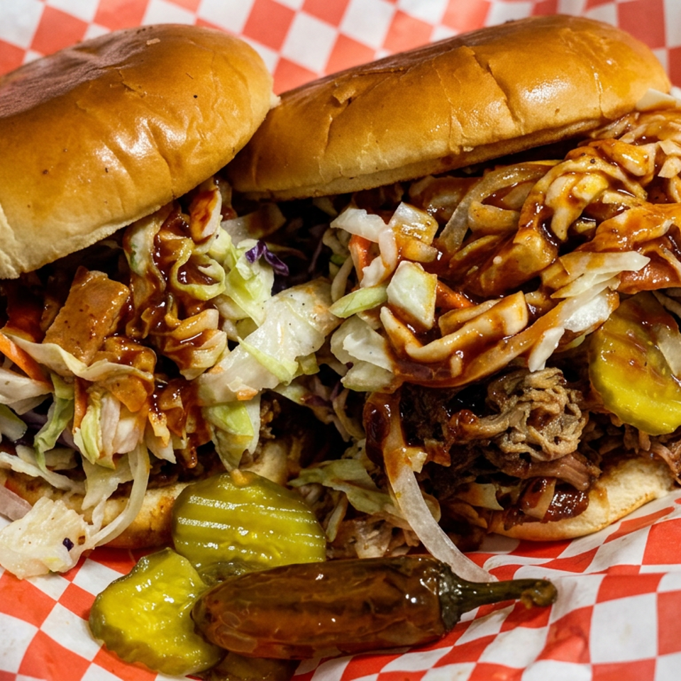 Two barbecue pulled-pork sandwiches with coleslaw and pickles served on red-and-white checkered paper.