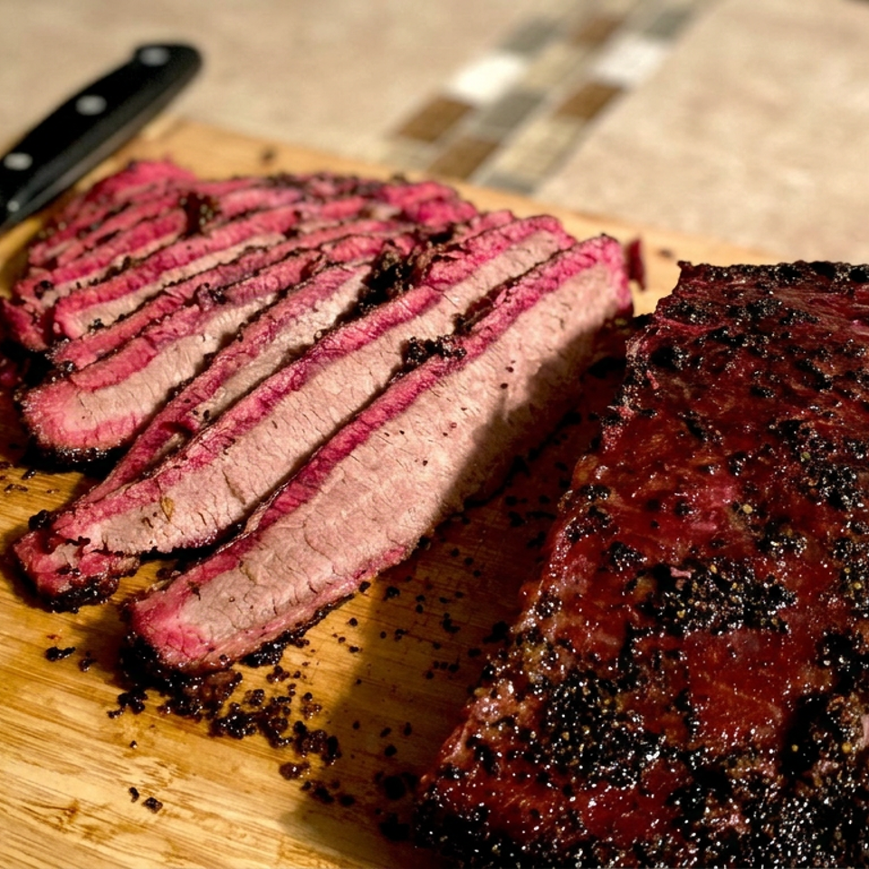 Sliced medium-rare steak and a pepper-crusted grilled beef roast rest on a wooden cutting board beside a carving knife.