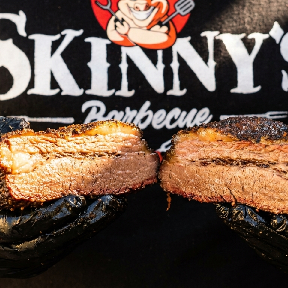 Two sliced, smoky barbecue brisket portions rest on black gloves, with a Skinny’s Barbecue shirt visible behind them.