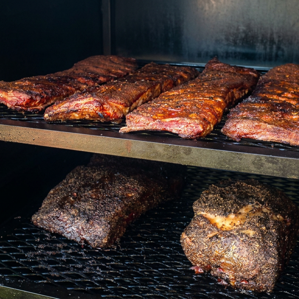 Smoked barbecue ribs and brisket resting on two racks inside a commercial smoker.