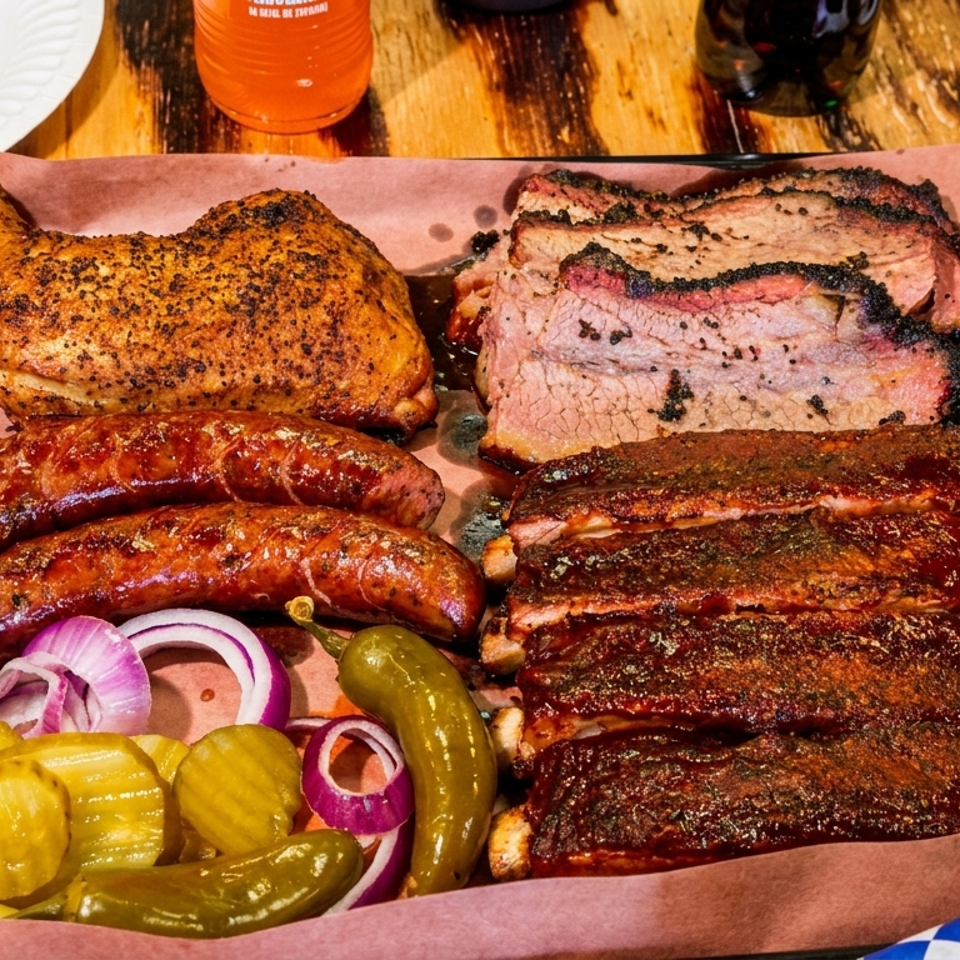 Barbecue platter with smoked chicken, sliced brisket, sausages, ribs, pickles, onions, and peppers on butcher paper.