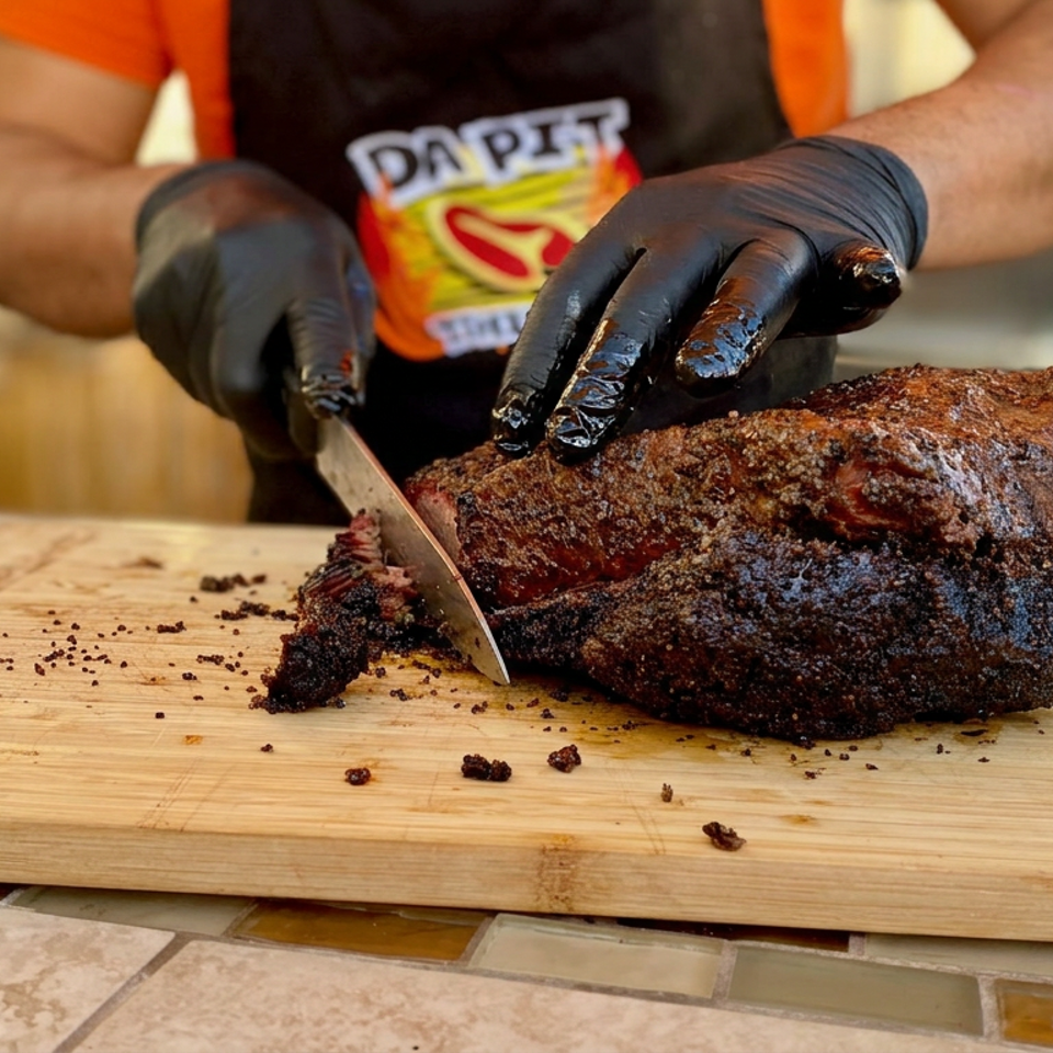 Gloved cook slices a heavily seasoned smoked brisket on a wooden cutting board in a restaurant kitchen.